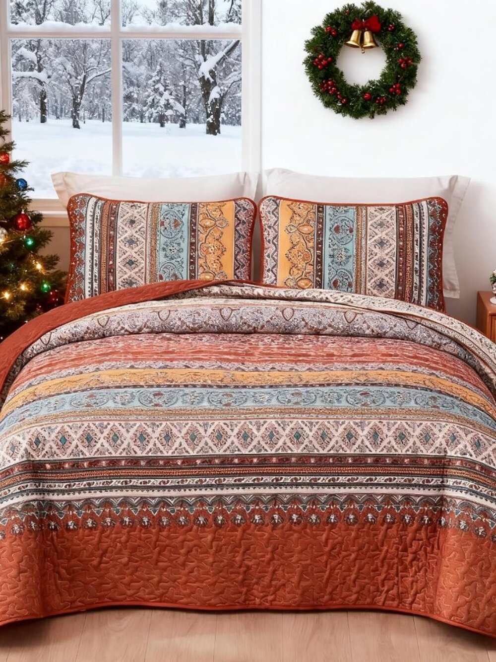 Boho Quilt Queen Size,3 Pcs Bedspread Set, Burnt Orange